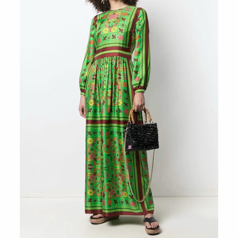 Tory Burch Green Scarf Print Maxi Dress Silk Floral Folklore Folk Art Bird Red 6